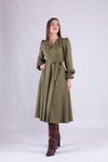 Haki Midi Kruvaze Yaka Uzun Kol Elbise