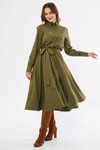 Haki Midi Uzun Kol Kuşaklı Beli Lastikli Cepli Gömlek Elbise