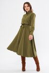 Haki Midi Uzun Kol Kuşaklı Beli Lastikli Cepli Gömlek Elbise