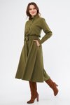 Haki Midi Uzun Kol Kuşaklı Beli Lastikli Cepli Gömlek Elbise