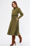 Haki Midi Uzun Kol Kuşaklı Beli Lastikli Cepli Gömlek Elbise