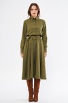 Haki Midi Uzun Kol Kuşaklı Beli Lastikli Cepli Gömlek Elbise