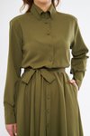 Haki Midi Uzun Kol Kuşaklı Beli Lastikli Cepli Gömlek Elbise