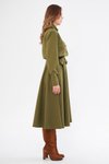 Haki Midi Uzun Kol Kuşaklı Beli Lastikli Cepli Gömlek Elbise