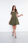 Haki Mini Ayarlanabilir Askılı Yaka Fırfır Detay Dokuma Kumaş Pileli Kloş Abiye Elbise