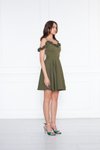 Haki Mini Ayarlanabilir Askılı Yaka Fırfır Detay Dokuma Kumaş Pileli Kloş Abiye Elbise