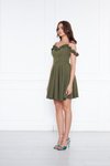 Haki Mini Ayarlanabilir Askılı Yaka Fırfır Detay Dokuma Kumaş Pileli Kloş Abiye Elbise