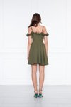 Haki Mini Ayarlanabilir Askılı Yaka Fırfır Detay Dokuma Kumaş Pileli Kloş Abiye Elbise
