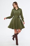 Haki Mini Dokuma Dökümlü Kumaş Uzun Kol Beli Lastikli Ve Kuşaklı Gömlek Elbise