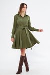 Haki Mini Dokuma Dökümlü Kumaş Uzun Kol Beli Lastikli Ve Kuşaklı Gömlek Elbise