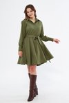 Haki Mini Dokuma Dökümlü Kumaş Uzun Kol Beli Lastikli Ve Kuşaklı Gömlek Elbise