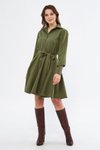 Haki Mini Dokuma Dökümlü Kumaş Uzun Kol Beli Lastikli Ve Kuşaklı Gömlek Elbise