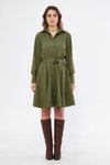 Haki Mini Dokuma Dökümlü Kumaş Uzun Kol Beli Lastikli Ve Kuşaklı Gömlek Elbise