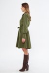 Haki Mini Dokuma Dökümlü Kumaş Uzun Kol Beli Lastikli Ve Kuşaklı Gömlek Elbise