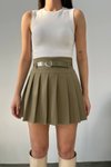 Haki Mini Dokuma Kumaş Pileli Kemerli Etek