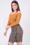 Haki Mini Düğme Detaylı Yandan Fermuarlı Kışlık Süet Etek