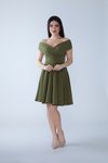 Haki Mini Kayık Yaka Dökümlü Dokuma Kumaş Pileli Kloş Abiye Elbise