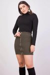 Haki Mini Önden Fermuarlı Fitilli Kadife Kışlık Etek