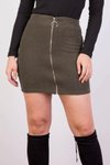 Haki Mini Önden Fermuarlı Fitilli Kadife Kışlık Etek