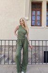 Haki Tek Omuz Gofre Kumaş Alt Üst İkili Takım