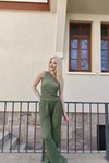 Haki Tek Omuz Gofre Kumaş Alt Üst İkili Takım