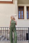 Haki Tek Omuz Gofre Kumaş Alt Üst İkili Takım