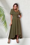 Haki Uzun Asimetrik Kesim Kruvaze Yaka Kısa Kol Elbise