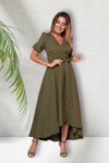 Haki Uzun Asimetrik Kesim Kruvaze Yaka Kısa Kol Elbise
