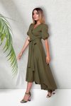 Haki Uzun Asimetrik Kesim Kruvaze Yaka Kısa Kol Elbise