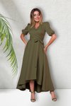 Haki Uzun Asimetrik Kesim Kruvaze Yaka Kısa Kol Elbise