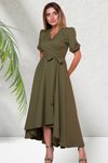 Haki Uzun Asimetrik Kesim Kruvaze Yaka Kısa Kol Elbise