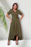 Haki Uzun Asimetrik Kesim Kruvaze Yaka Kısa Kol Elbise