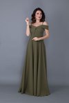 Haki Uzun Askılı Düşük Omuz Detay Kloş Nişan Abiye Elbise
