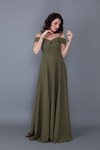 Haki Uzun Askılı Düşük Omuz Detay Kloş Nişan Abiye Elbise