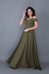 Haki Uzun Askılı Düşük Omuz Detay Kloş Nişan Abiye Elbise