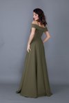 Haki Uzun Askılı Düşük Omuz Detay Kloş Nişan Abiye Elbise