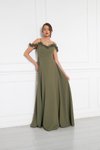Haki Uzun Ayarlanabilir Askılı Fırfır Detay Dokuma Kumaş Kloş Abiye Elbise