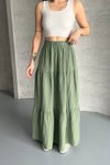 Haki Uzun Büzgülü Katlı Müslin Kumaş Etek