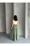 Haki Uzun Büzgülü Katlı Müslin Kumaş Etek