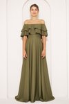 Haki Uzun Carmen Yaka Detay Düşük Omuz Dokuma Dökümlü Kumaş Kloş Abiye Elbise