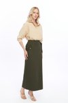 تنورة قلم من نسيج بولي فيسكوز بتفاصيل جيوب طويلة باللون الزيتي