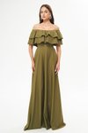 Haki Uzun Düşük Omuz Çift Kat Fırfır Detay Carmen Yaka Kloş Abiye Elbise