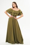 Haki Uzun Düşük Omuz Çift Kat Fırfır Detay Carmen Yaka Kloş Abiye Elbise