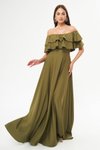 Haki Uzun Düşük Omuz Çift Kat Fırfır Detay Carmen Yaka Kloş Abiye Elbise