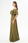Haki Uzun Düşük Omuz Çift Kat Fırfır Detay Carmen Yaka Kloş Abiye Elbise