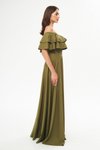 Haki Uzun Düşük Omuz Çift Kat Fırfır Detay Carmen Yaka Kloş Abiye Elbise
