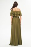 Haki Uzun Düşük Omuz Çift Kat Fırfır Detay Carmen Yaka Kloş Abiye Elbise