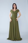 Haki Uzun Kayık Kruvaze Yaka Düşük Omuz Dokuma Dökümlü Kumaş Abiye Elbise
