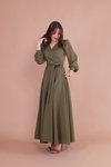 Haki Uzun Kruvaze Yaka Kemerli Tesettür Elbise