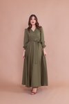Haki Uzun Kruvaze Yaka Kemerli Tesettür Elbise